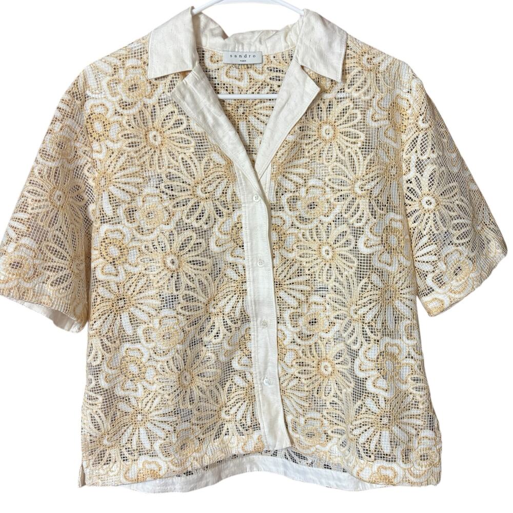 Sandro Paris Amarine Shirt Ivory Crochet Lace Blouse EU 3 - Picture 7 of 16